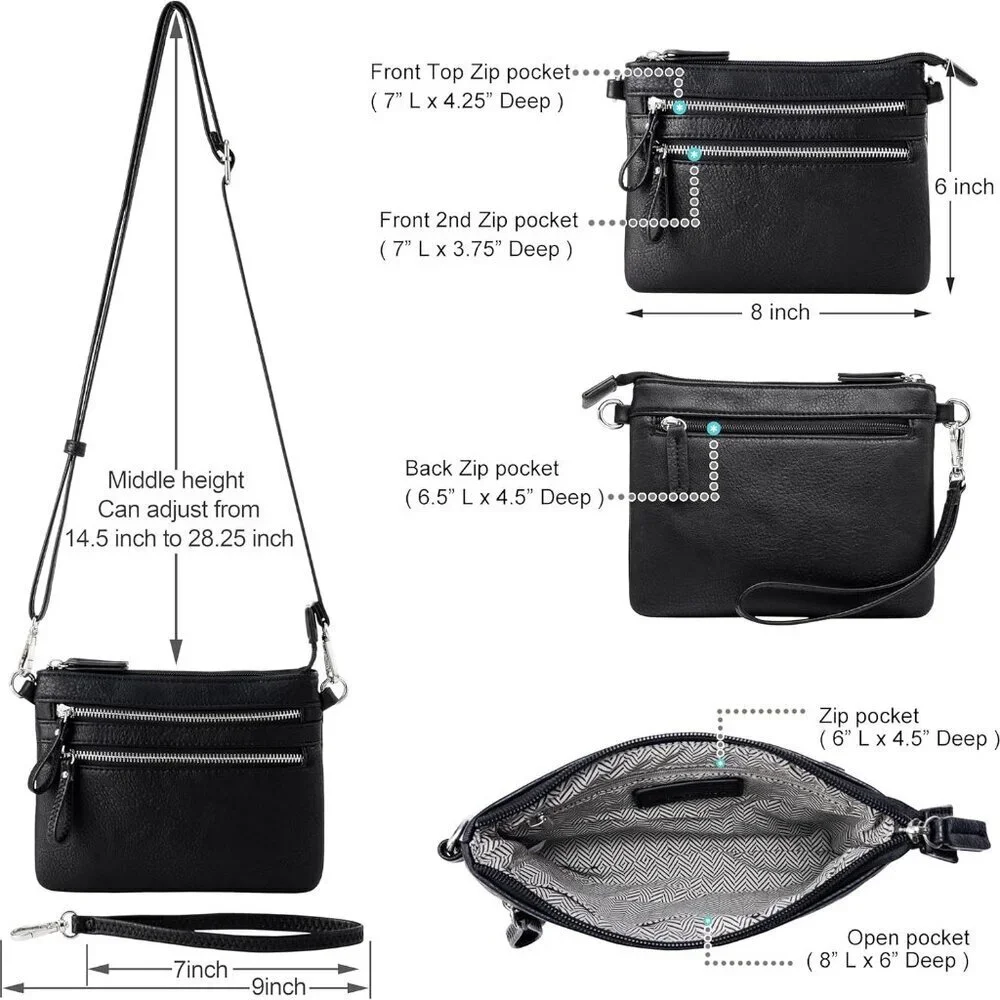 Vegan Faux Leather Mini Crossbody Handbag with Zipper Pockets and Tassel